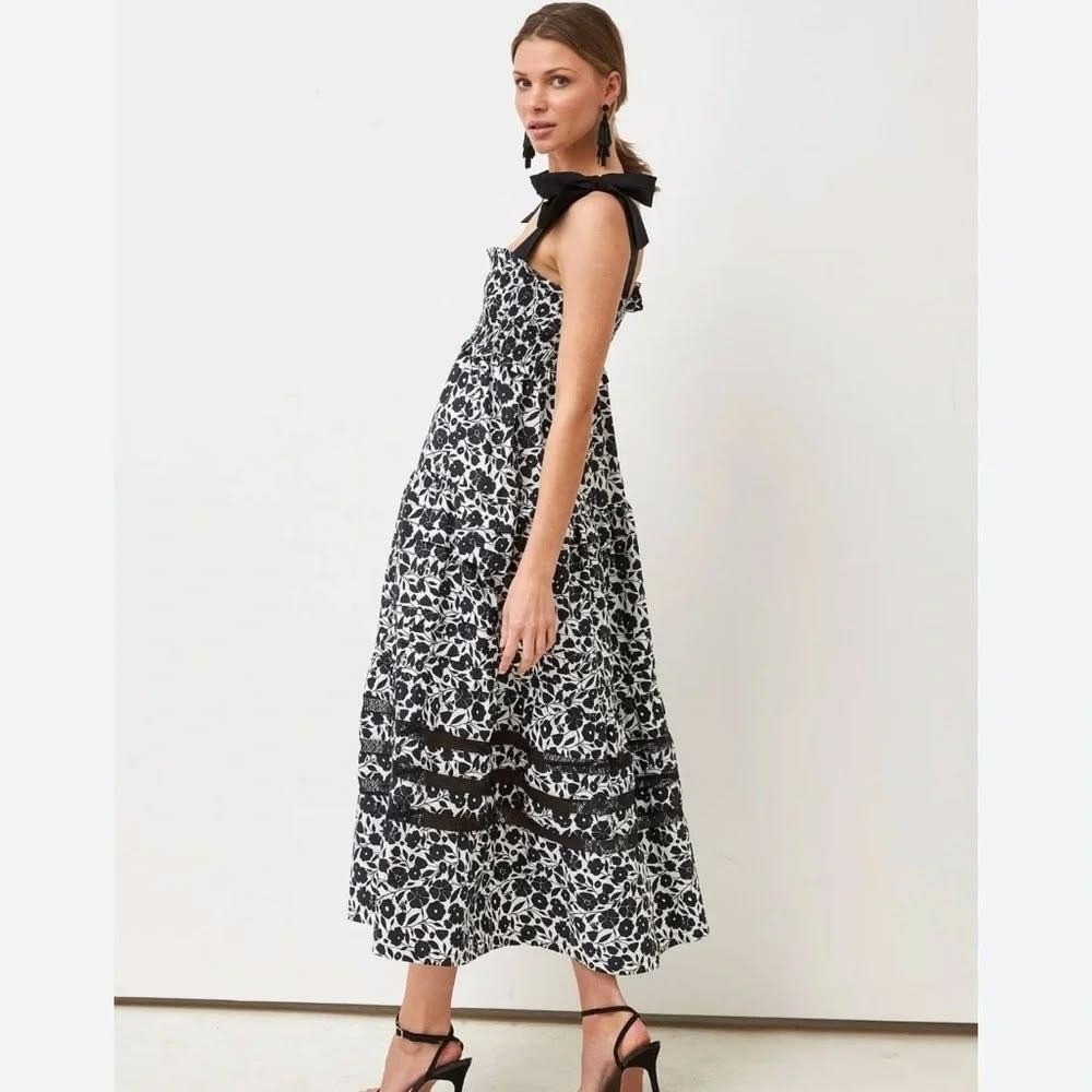 Mi Golondrina Valeria Maxi Dress L Floral Tie Shoulder Cotton Poplin Lace Resort